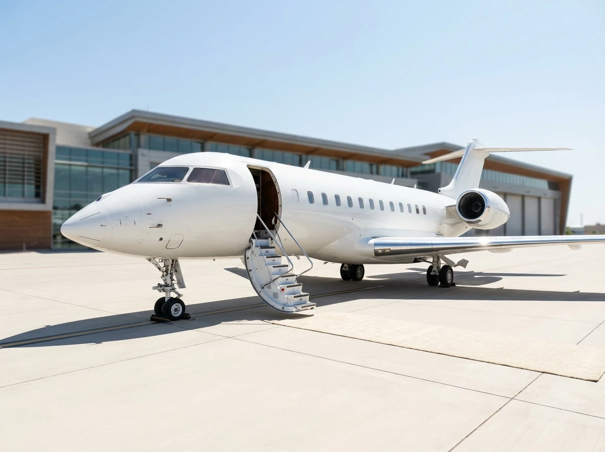 Private jet on tarmac at sunset ready for boarding